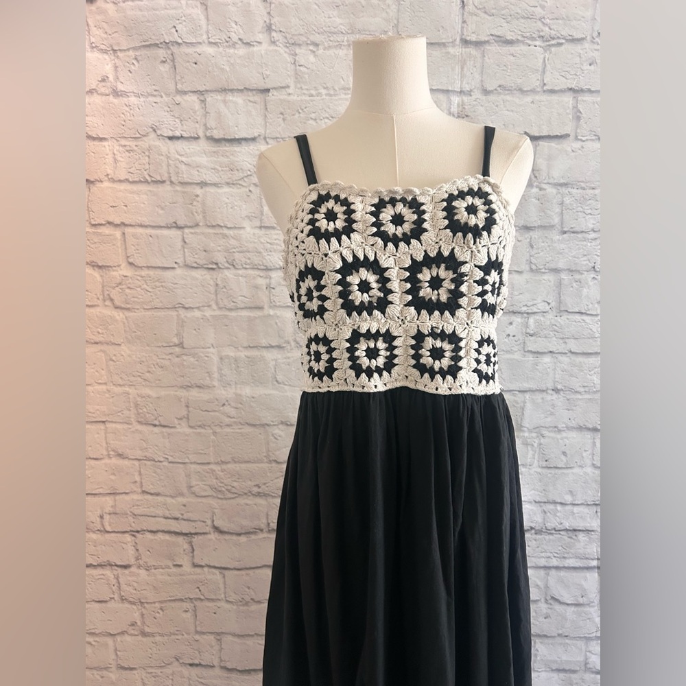 Crochet Maxi Dress Bohemian Boho Black Euro Fall Granny Squares 100% Cotton - Picture 3 of 10